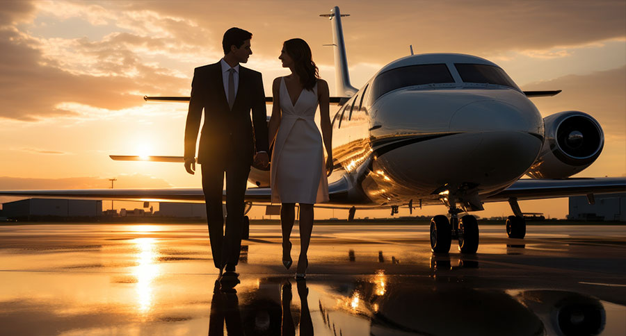 a couple on a tarmac next to private jet